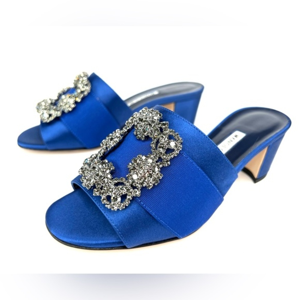 Manolo Blahnik Martanew 50mm Crystal Hangisi Blue Satin Mule Pump Size EU 35